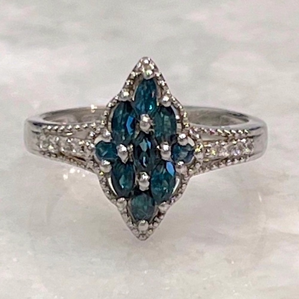 Indicolite Cambodian Zircon Sterling Silver Cluster Ring Sz 8